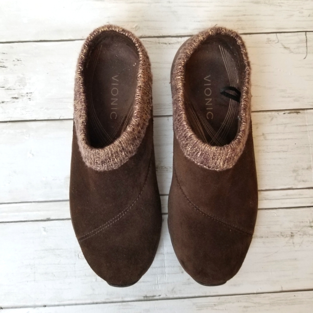 Vionic Arbor Brown Suede Knit Collar Slide On Mule